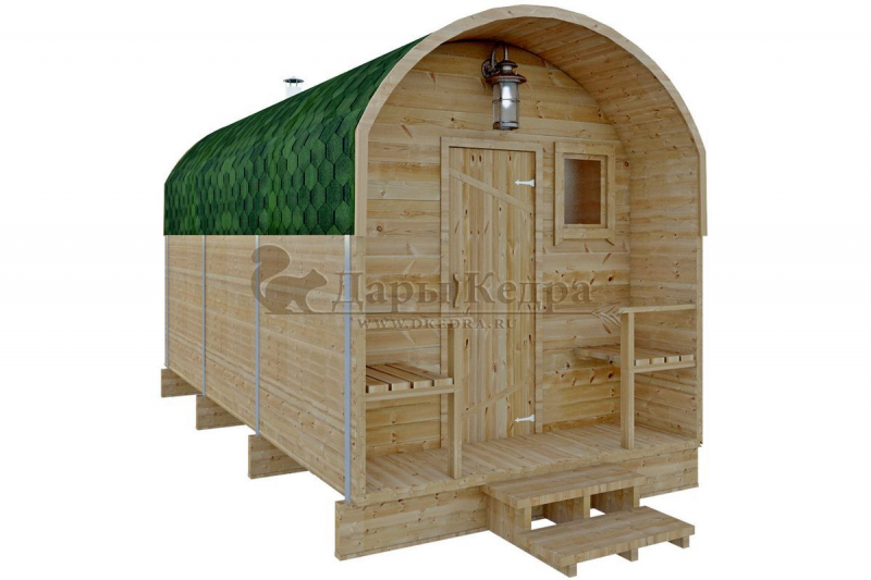 Баня-бочка буханка из кедра с верандой (все размеры) Баня-бочка буханка из кедра с верандой (все размеры)