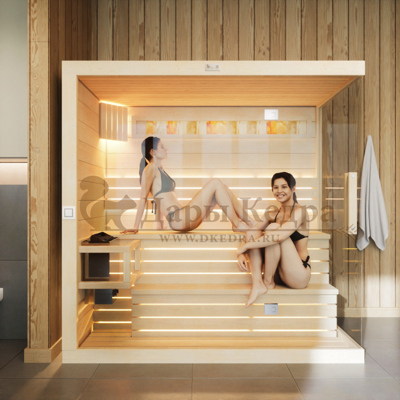 Трехместная прямая финская «Элит» сауна кабина из кедра и липы с электрокаменкой