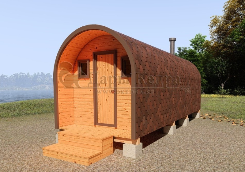 Баня-бочка буханка из кедра 6 метров с верандой Баня-бочка буханка из кедра 6 метров с верандой